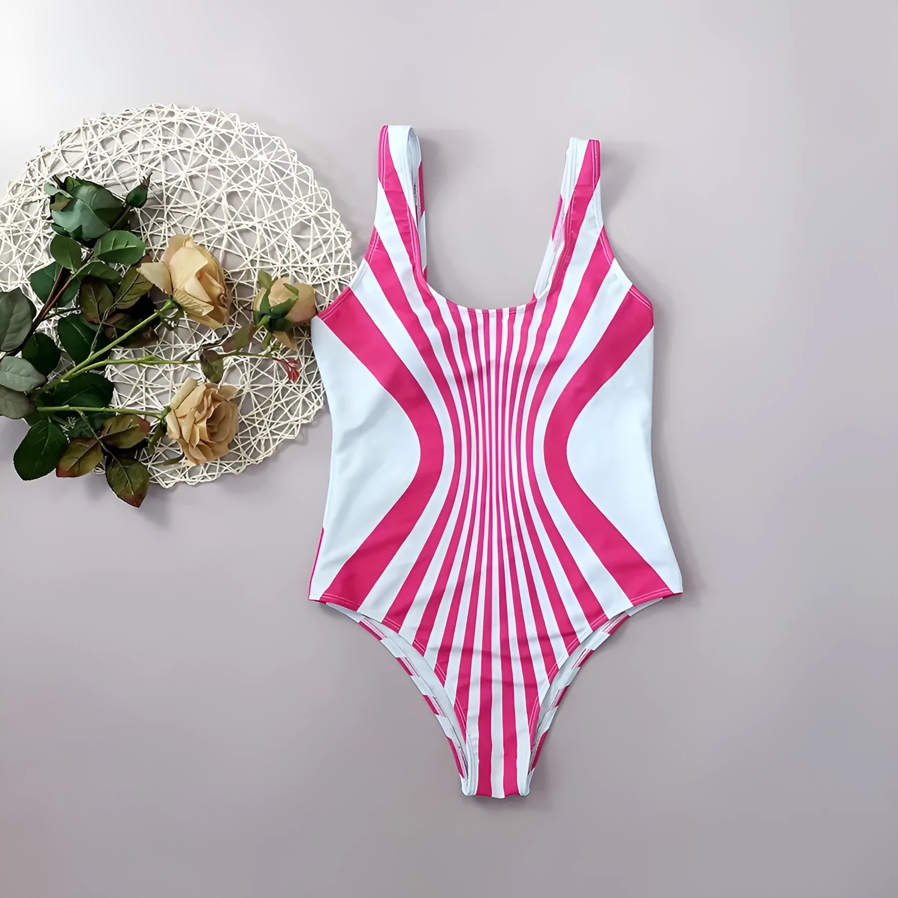 Pink striped women's one-piece swimsuit with digital printing on front and rear