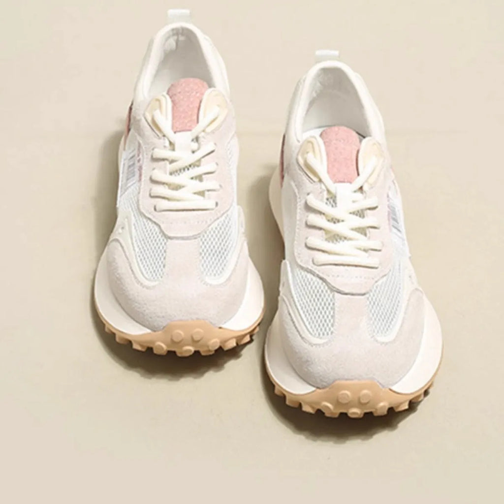 Women's grey and pink retro sneakers with low-top design and round toe