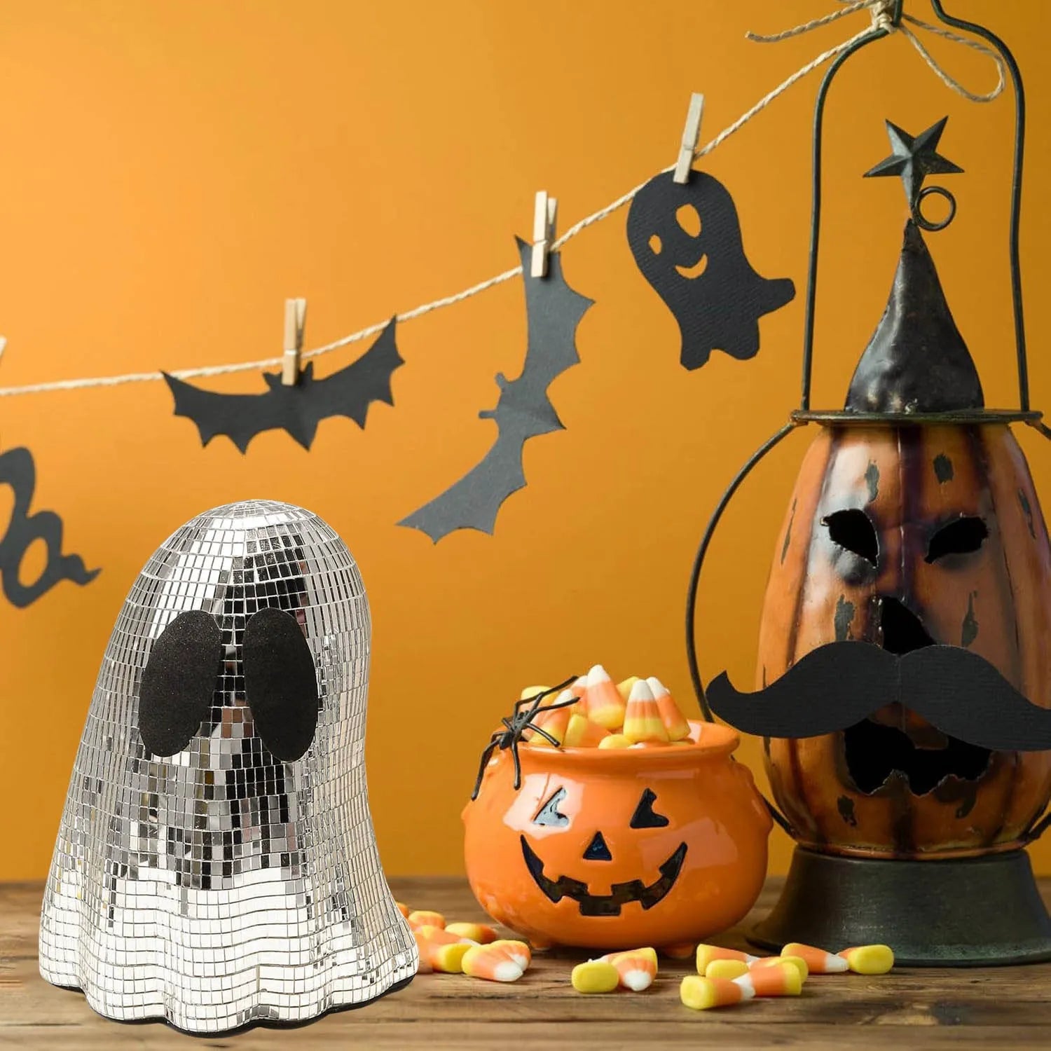 Silver Halloween ghost decoration with mosaic mirror patches on embroidered glass