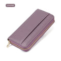 Long women's genuine leather wallet in solid colour with anti-theft card swiping feature and large storage capacity