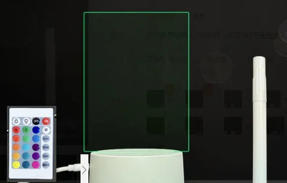 3D acrylic message board night light with handwritten note, showing colour-changing illumination and remote control.