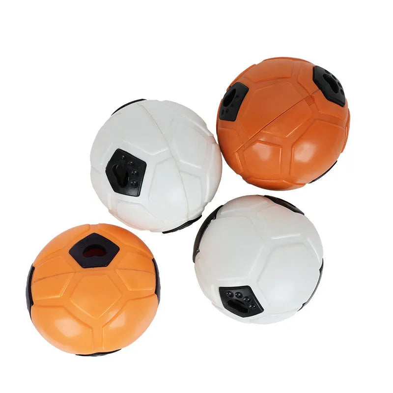 TPR dog toy ball in orange hollow style for nibbling and teeth grinding, on white background