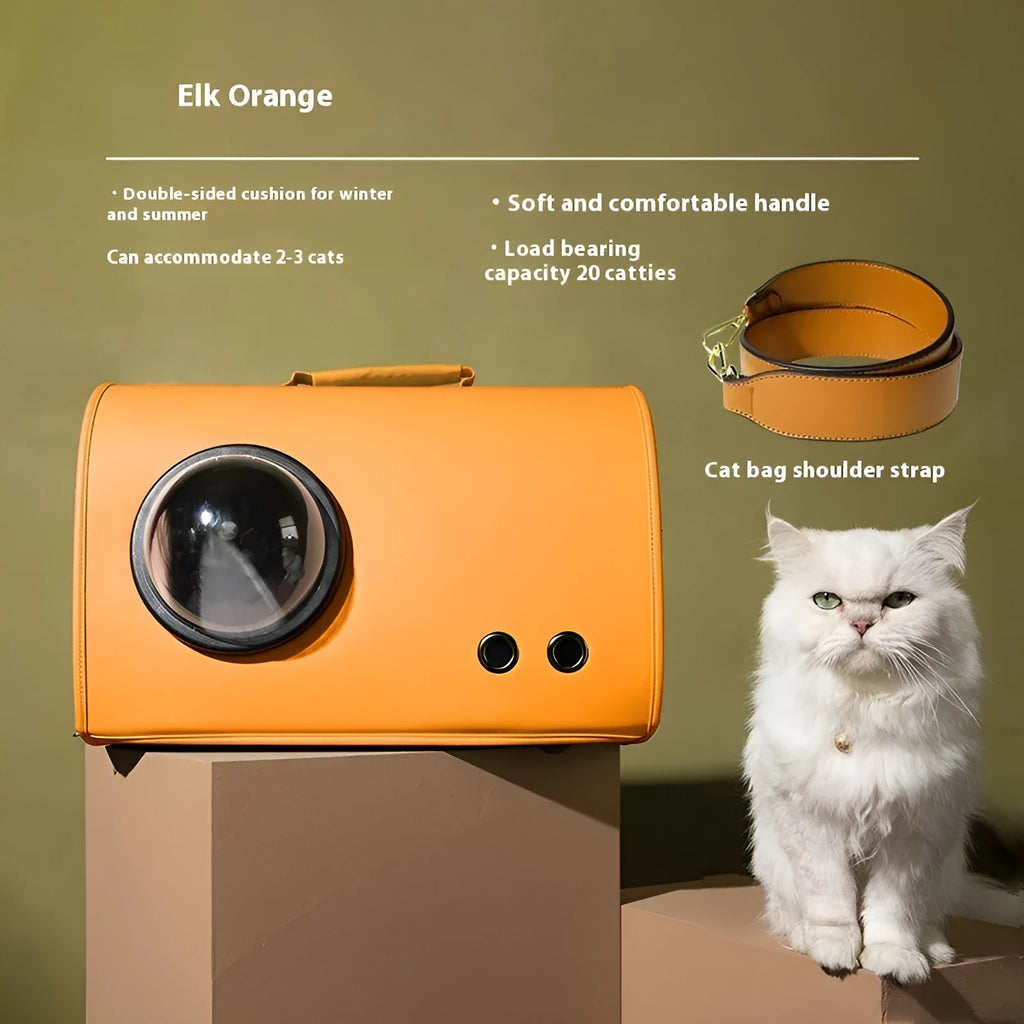 Portable pet carrier bag for small dogs and cats, shown in elk orange colour with shoulder strap.