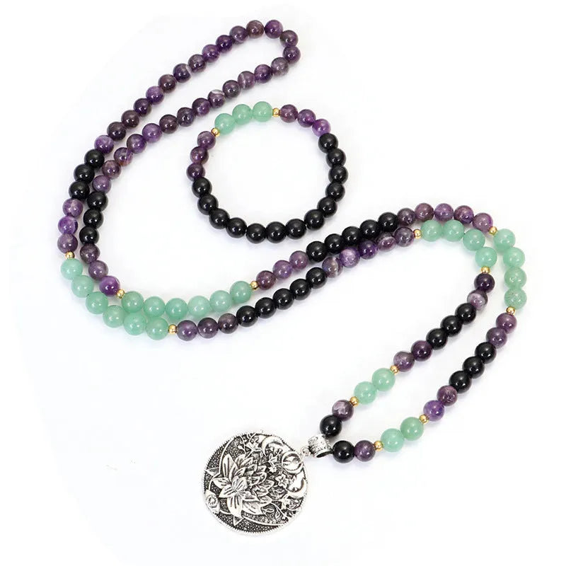 Dongling Long yoga lotus pendant necklace with stone bead chain and matching bracelet