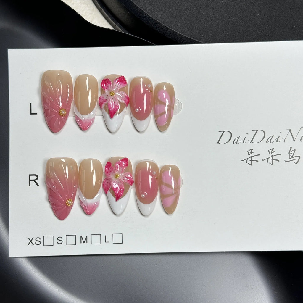 French style 3D lily and ice flower design plastic artificial nail tips in almond shape.