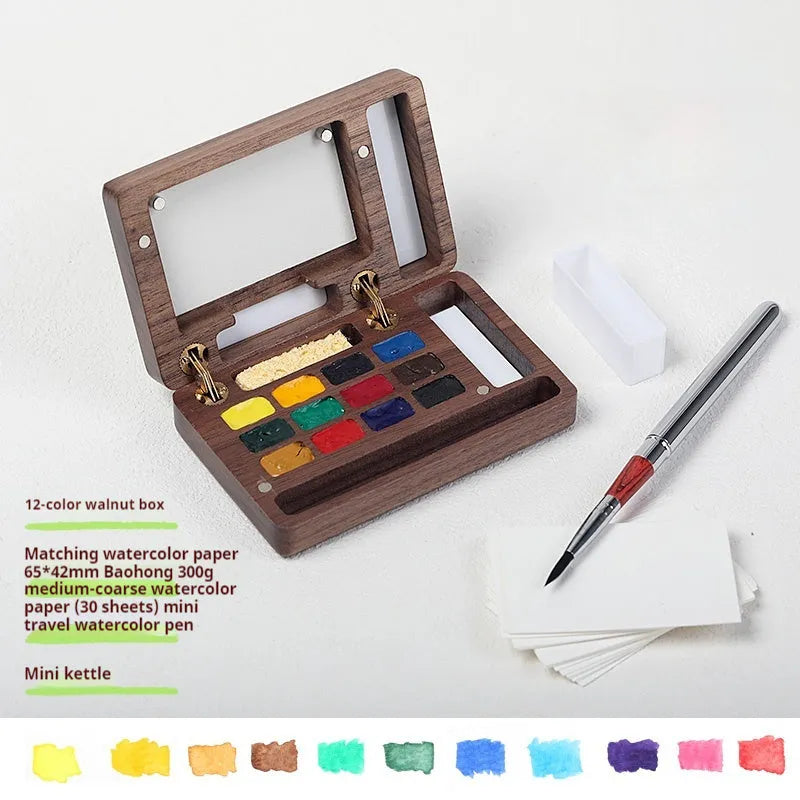 Mini wooden watercolour paint box with professional pigment suits in pocket-sized portable format