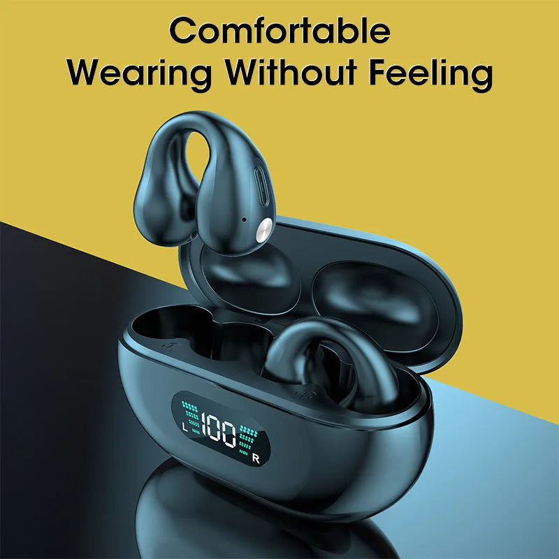 Black bone conduction Bluetooth headset with ear clip design shown on a white background.