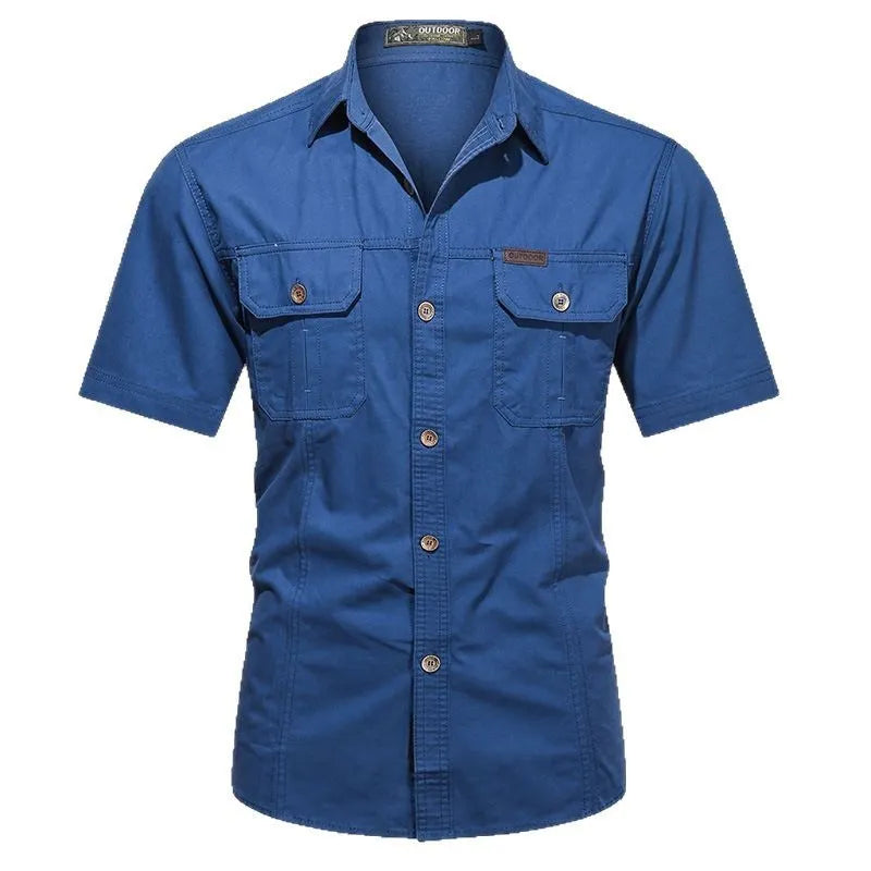 Men's short sleeve cotton work shirt in a loose fit, shown in a choice of colours including army green and blue.