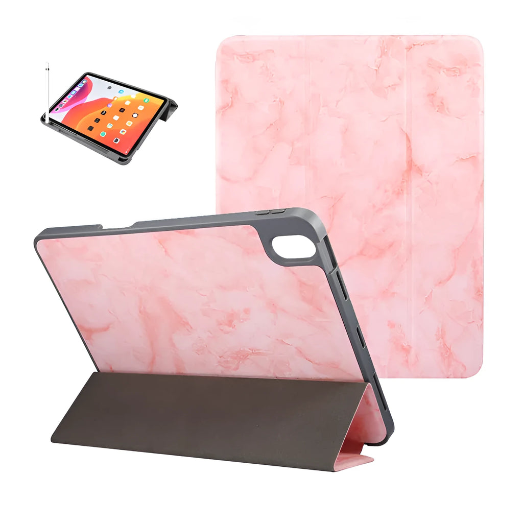 Tri-fold marbling pattern iPad case with pen slot in dark grey, creamy white, purple, blue, or pink colours