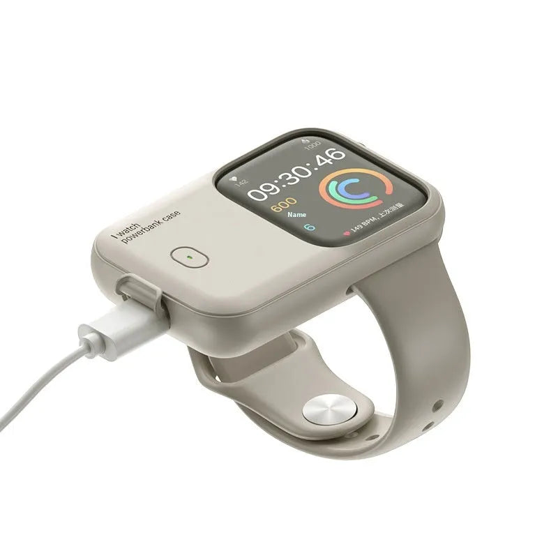 Apple Watch portable wireless charging case with silicone cover in brown, midnight blue and starlight colours
