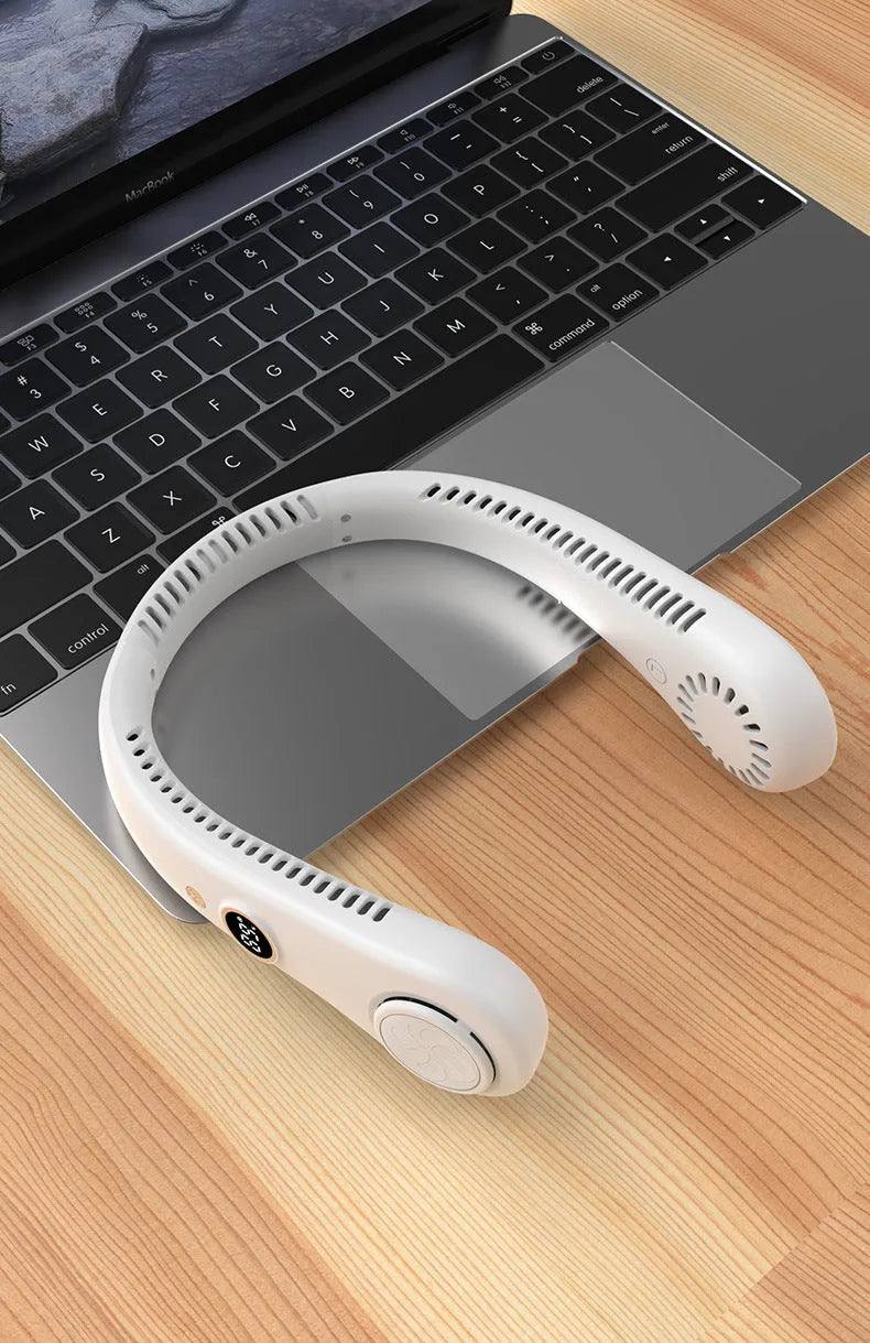 Pink USB rechargeable bladeless neck fan showing ergonomic neckband and compact design.