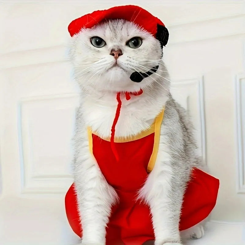 Handmade grey and white chef hat with matching knitted cotton sweater for small to medium pet costume
