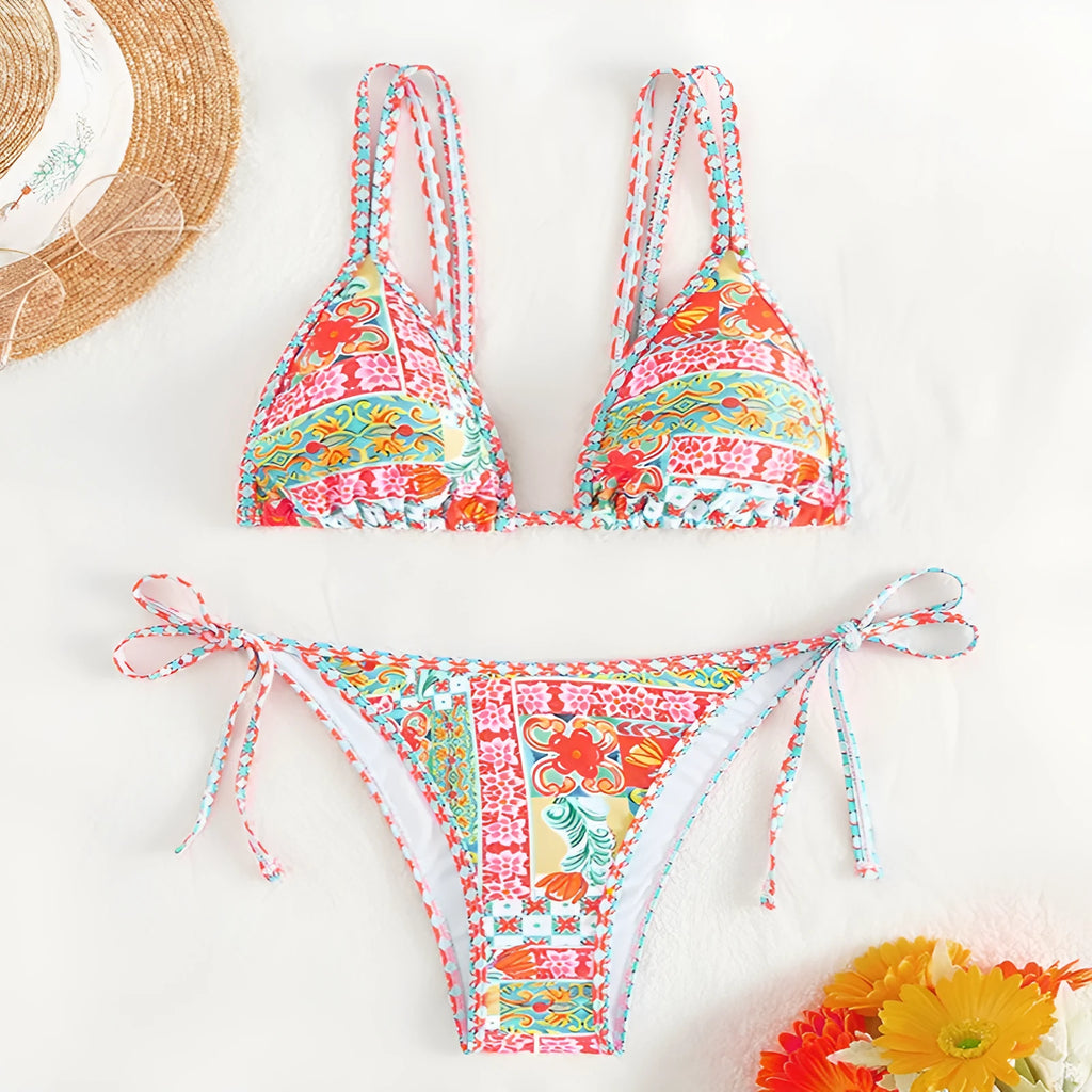 Women's lace-up front one-piece swimsuit with split leg design in polyester fabric