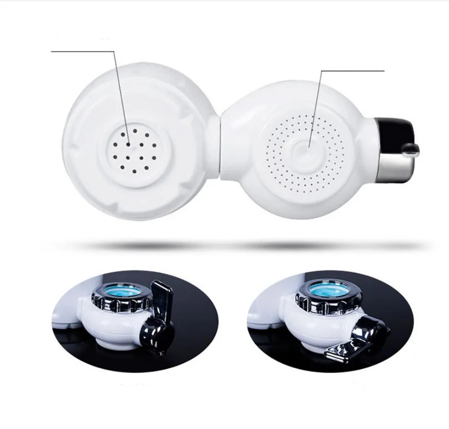 White kitchen tap water filter with ceramic cartridge and universal adapter fittings