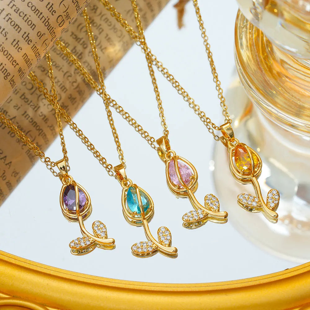 Zircon tulip necklace for women with adjustable chain in gold colour options