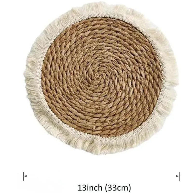 Round Japanese straw placemat with corn rope tassel edge in natural papyrus material