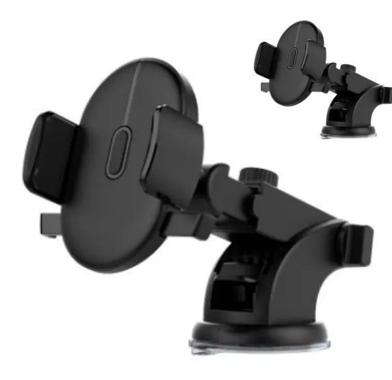 Black telescopic arm car phone holder with suction cup mount on a dashboard.