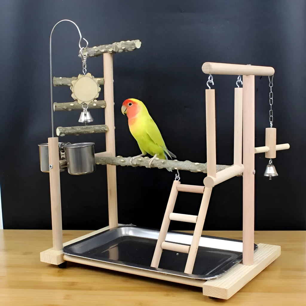 Pepper wood parrot stand with sub-stand pole, natural finish, isolated on white background