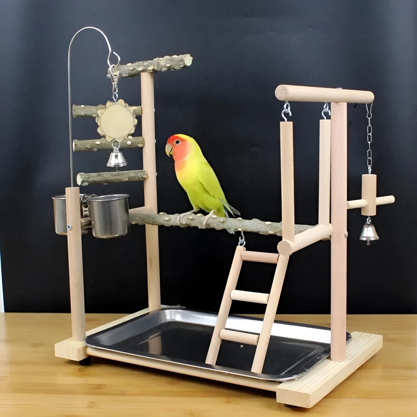 Pepper wood parrot stand with sub-stand pole, natural finish, isolated on white background
