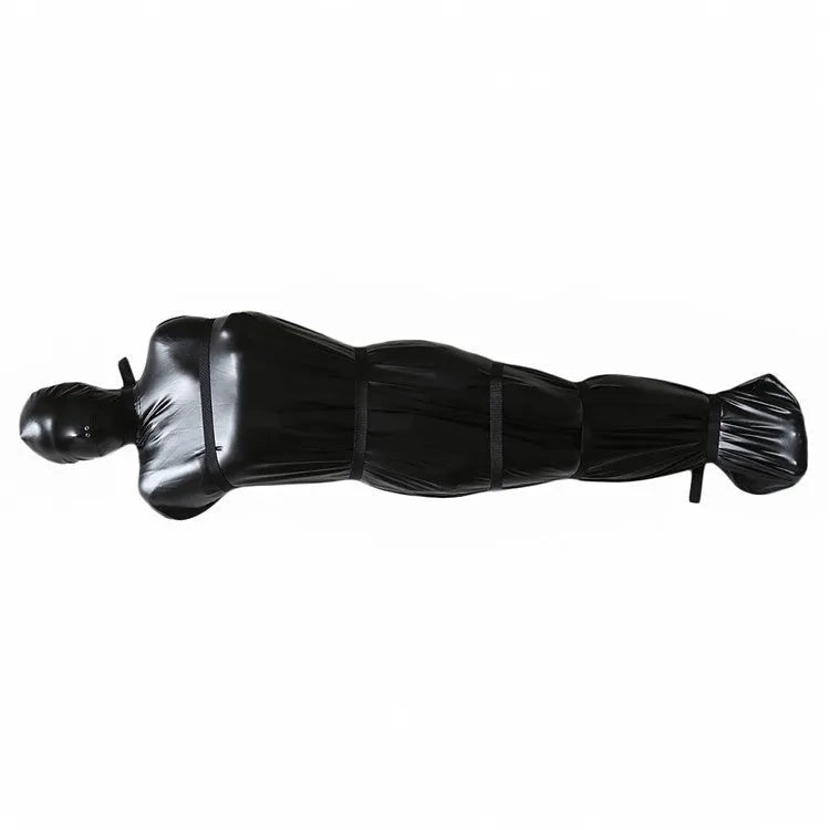Black patent leather bondage set showing full body wrap and six ratchet tie-down straps
