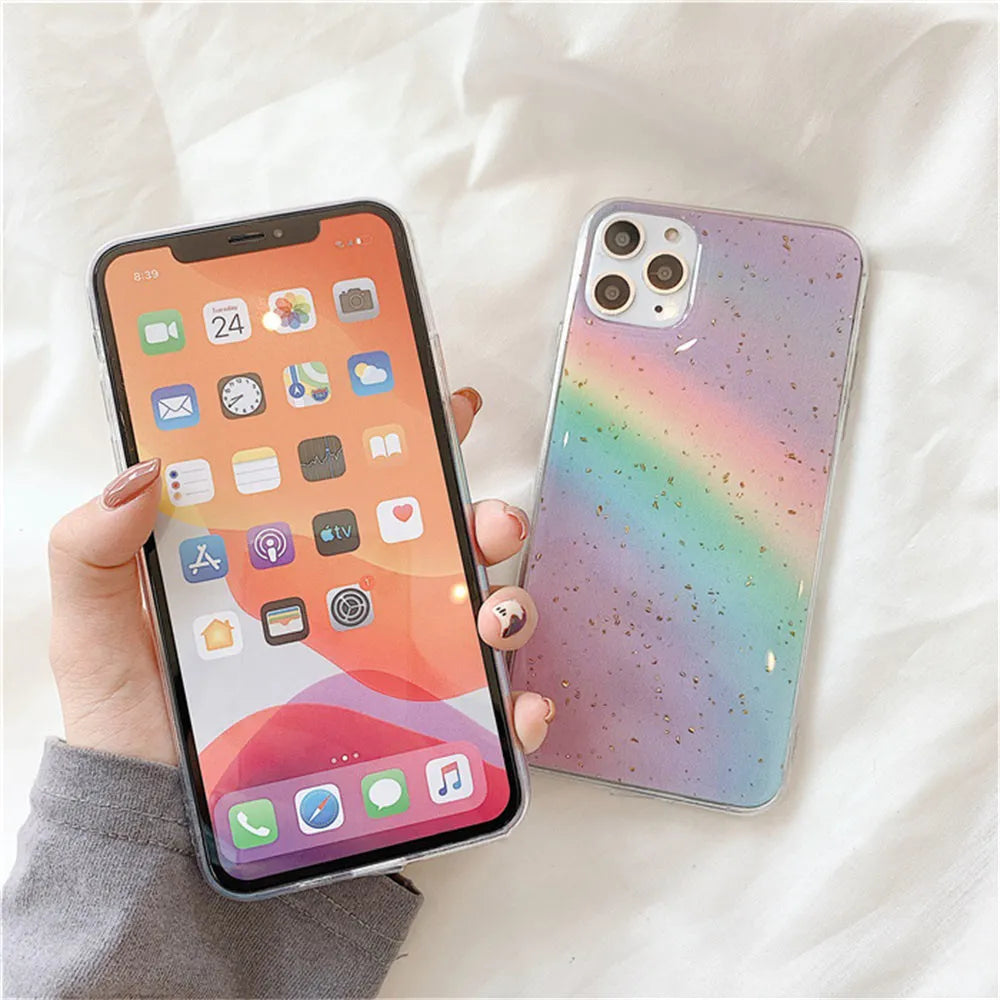Rainbow gradient TPU phone case with striped design for iPhone models