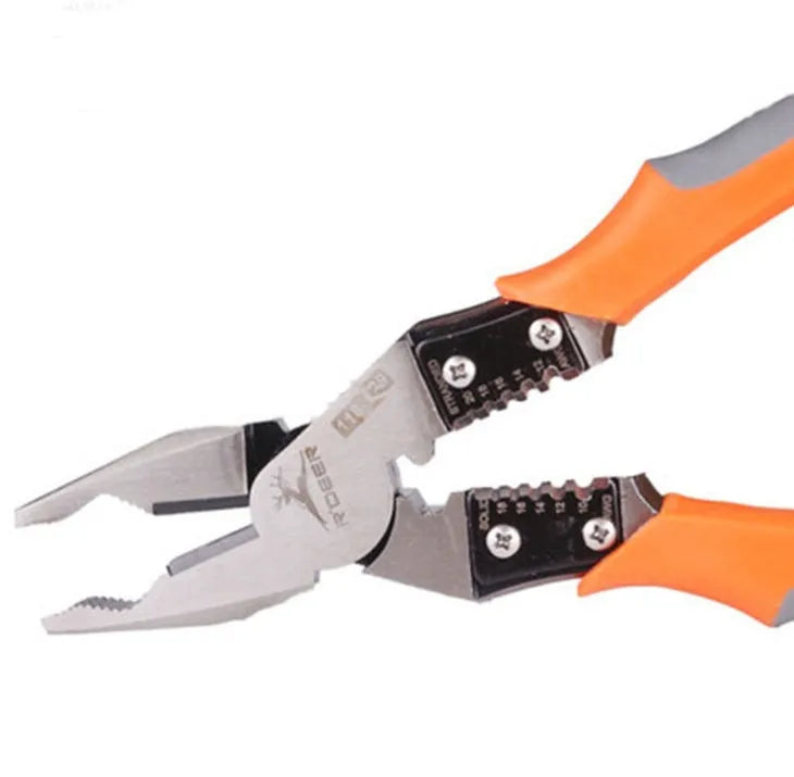 Orange 9-inch multi-function wire cutter pliers with alloy steel jaws and PVC grips.