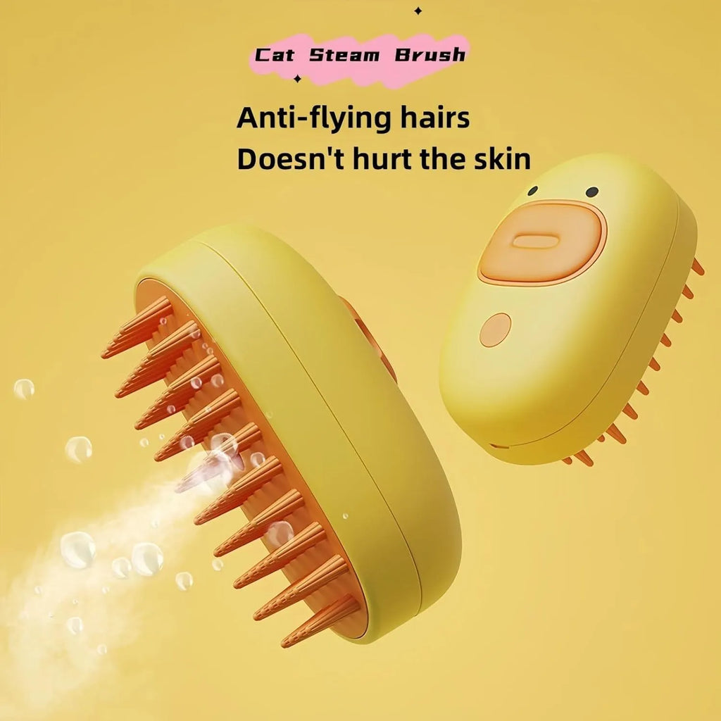 White or yellow rechargeable pet steam brush with rubber comb teeth and water tank.