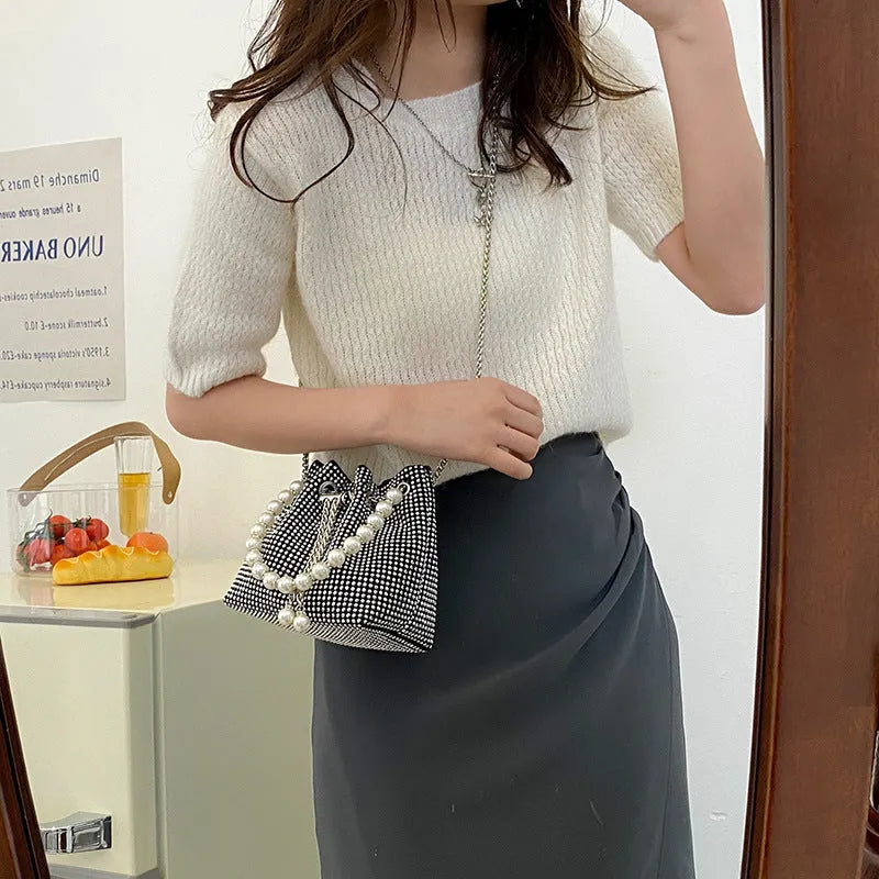Light diamond western style shoulder bag crossbody with chain strap in soft PU leather bucket design