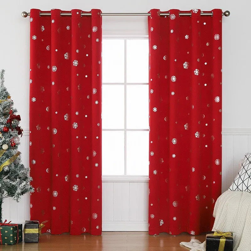 Snowflake pattern shade cloth curtain in green or red with lace loop or iron hoop styling