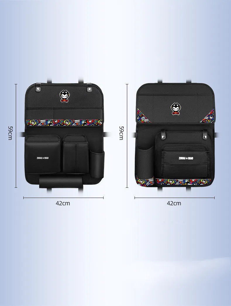 Pull Cat car seat back hanging storage bag in Oxford cloth and leather, 59x42cm, with dining table and tissue box option