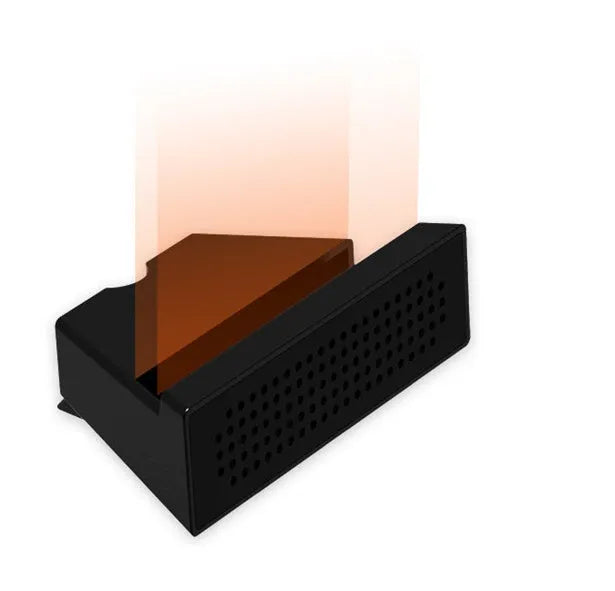 Portable black ABS plastic phone amplifier holder with an iPhone inserted, shown on a desktop.