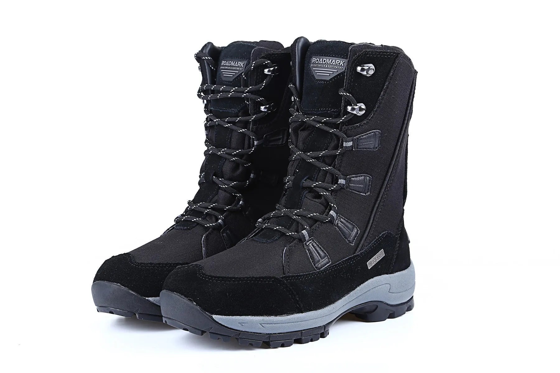 Women's genuine leather mid-calf thermal snow boots in black with round toe and rubber sole