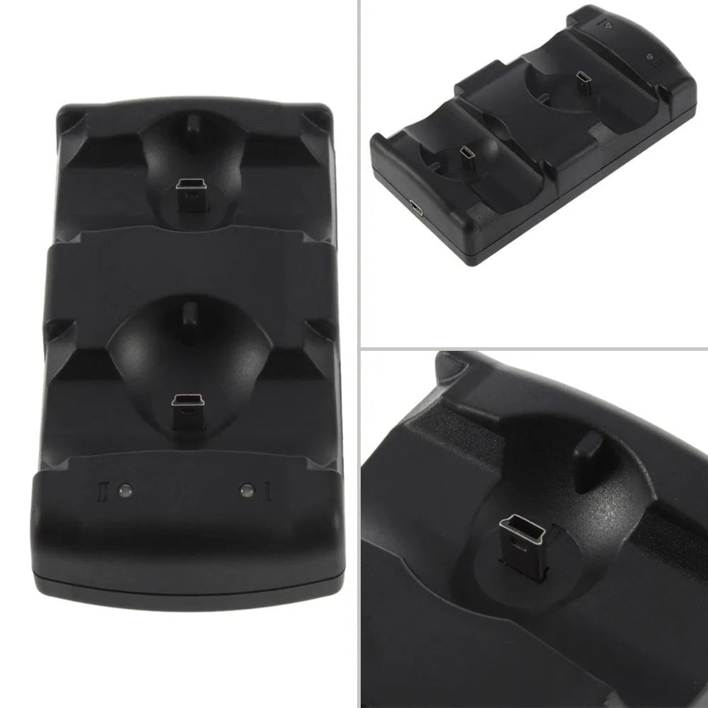 Black PS3 dual controller charging dock with USB cable, showing space for two wireless controllers.