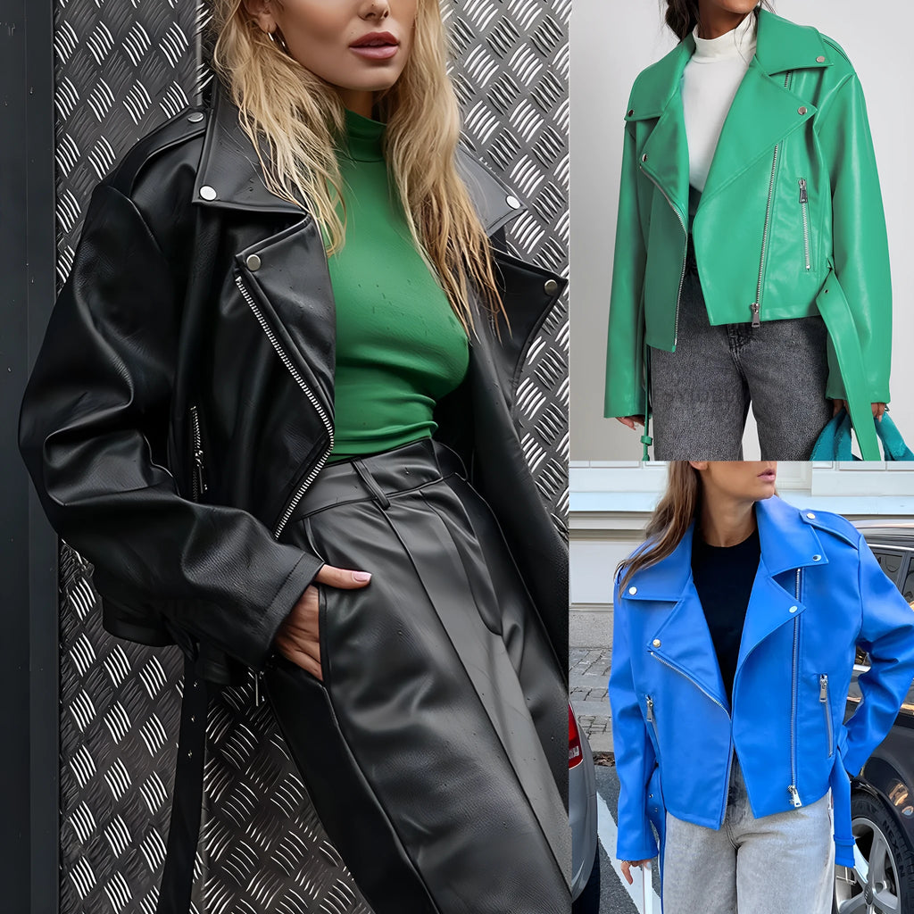 Black leather punk jacket with lapel collar and drawstring waist on a model