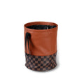 Brown leather retractable car rubbish bin with handle in expanded position