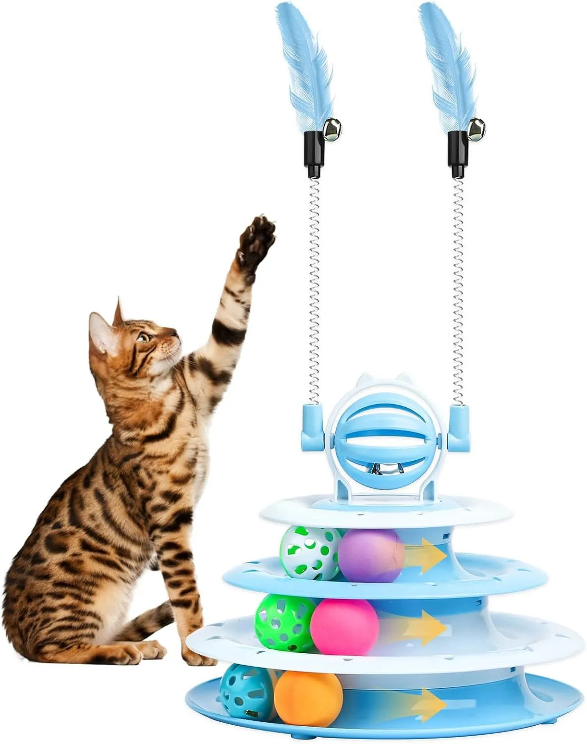 Interactive cat toy with 4-tier carousel, 6 toy balls, bell ball, and 2 teasing rods on a non-slip base