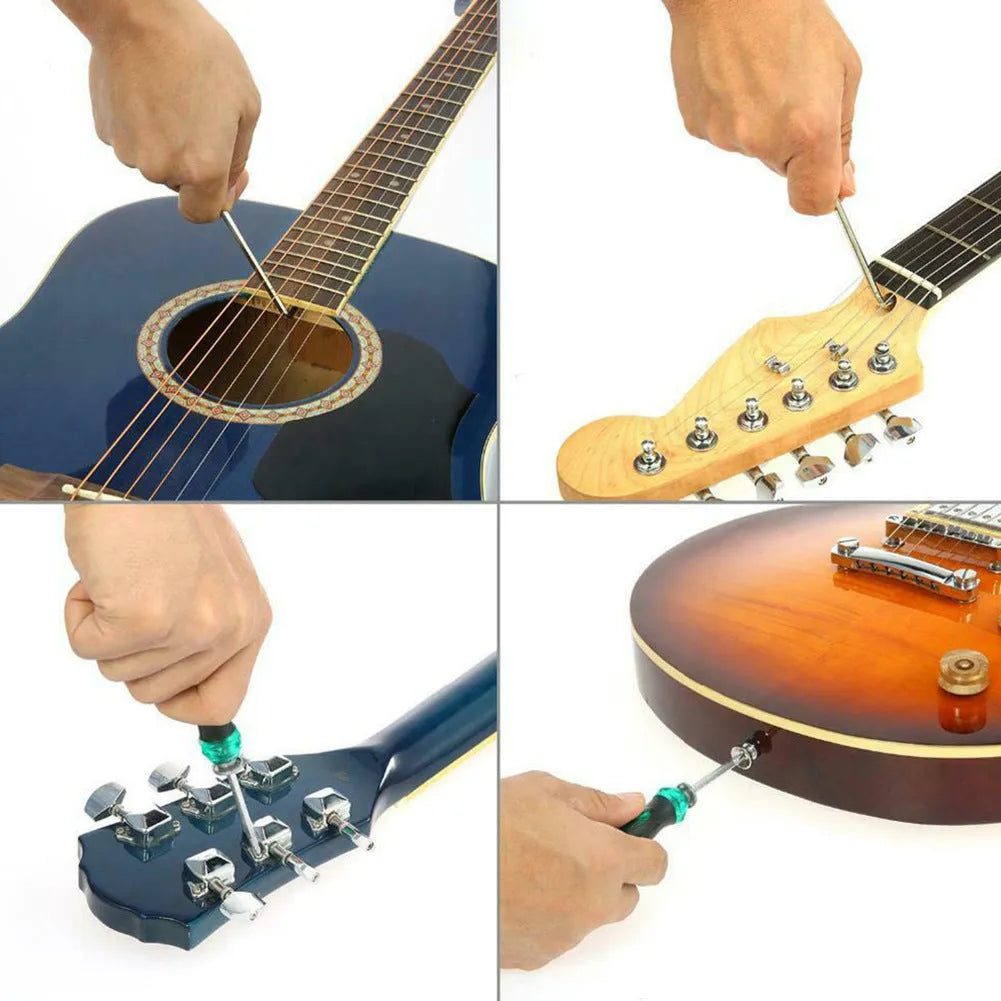 Black plastic and metal guitar repair tool kit for guitars, basses, mandolins, and banjos