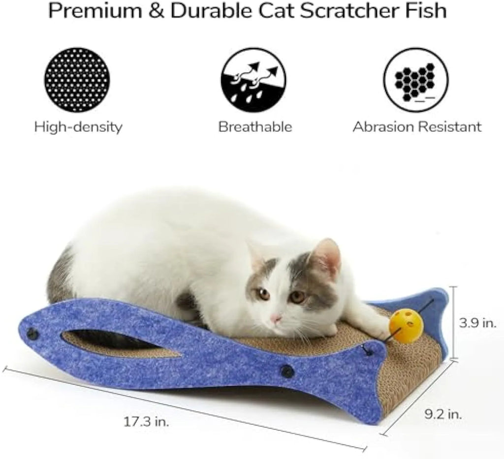 Blue fish-shaped cardboard cat scratcher lounge with bell ball toys for indoor cats