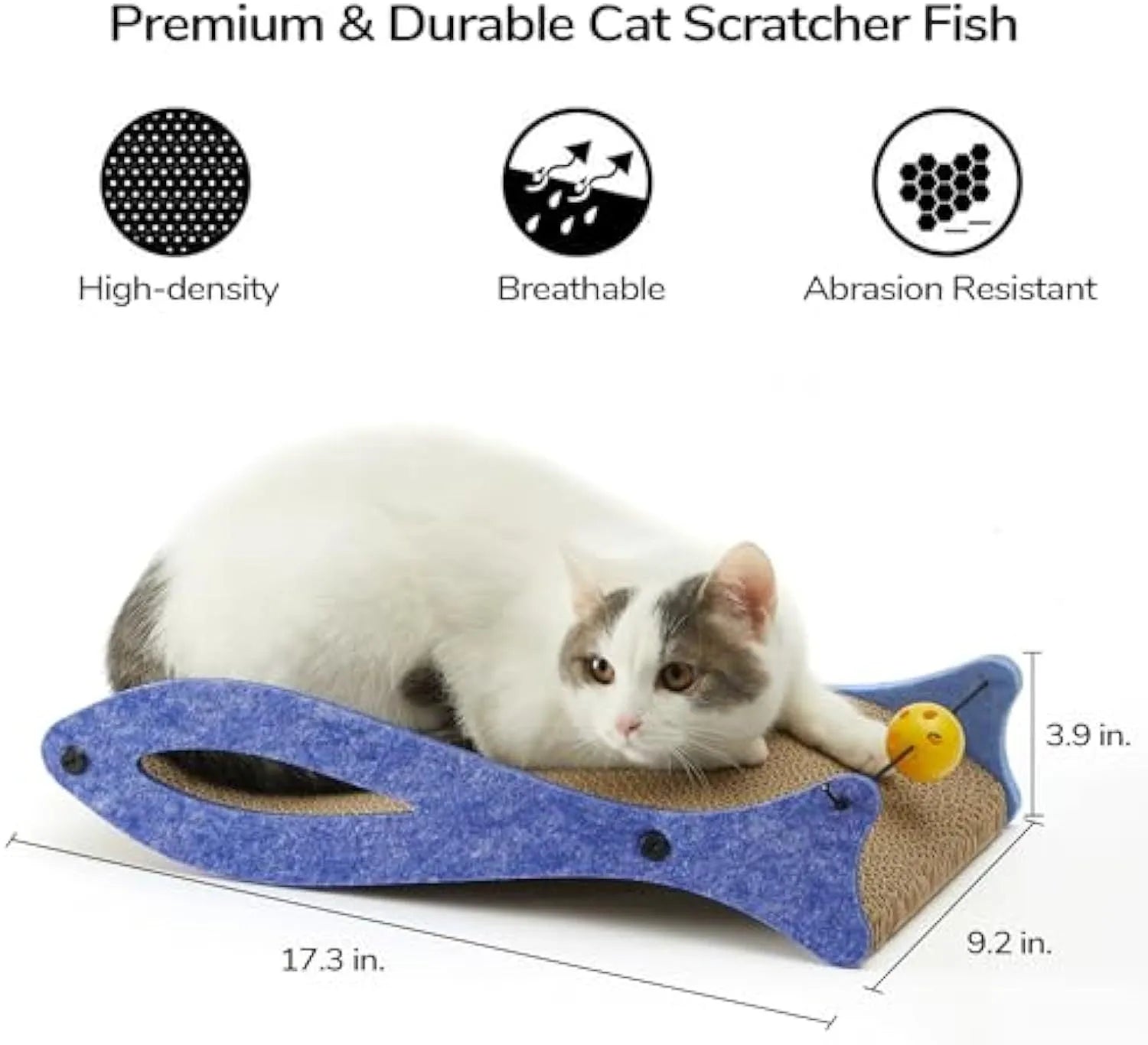 Blue fish-shaped cardboard cat scratcher lounge with bell ball toys for indoor cats