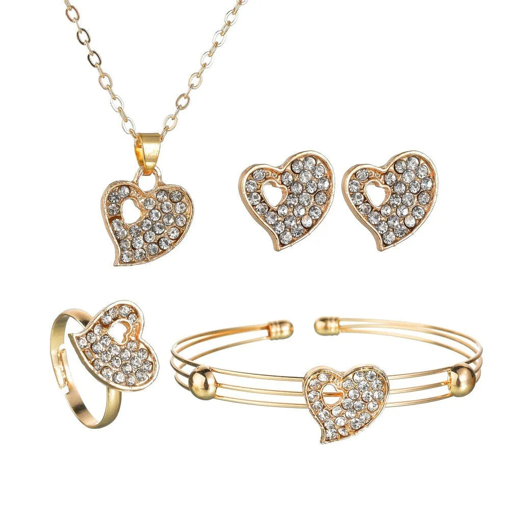 Gold electroplated alloy women's jewellery set with earrings, love and bell pendant decorations