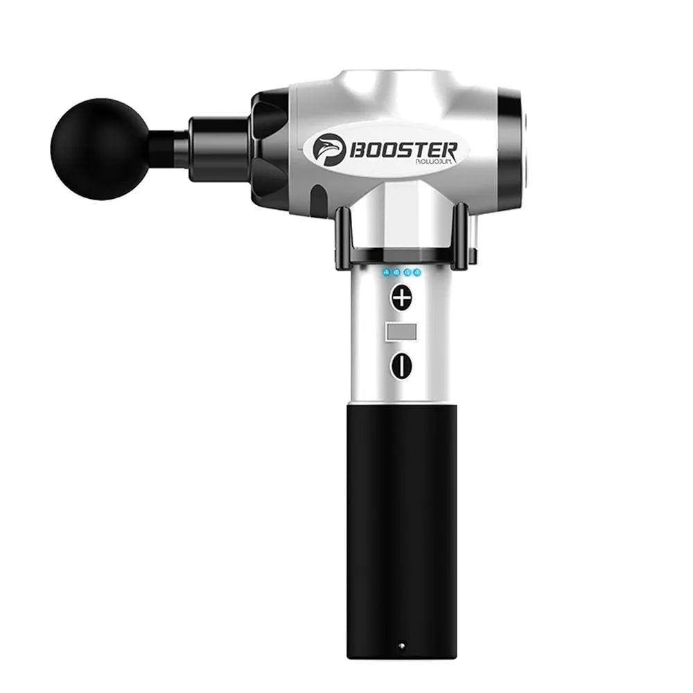 Black and white muscle massage gun with lithium battery showing 12mm stroke depth