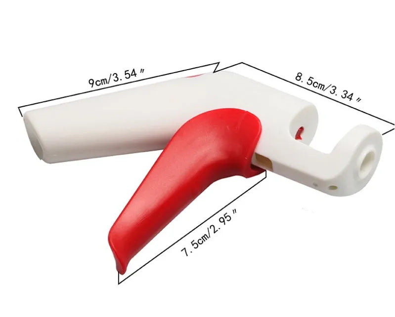 Cherry kernel remover, a handheld plastic kitchen gadget for pitting cherries, on a light background