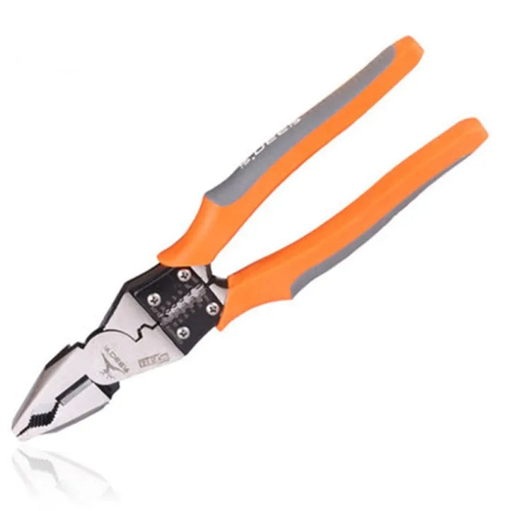 Orange 9-inch multi-function wire cutter pliers with alloy steel jaws and PVC grips.