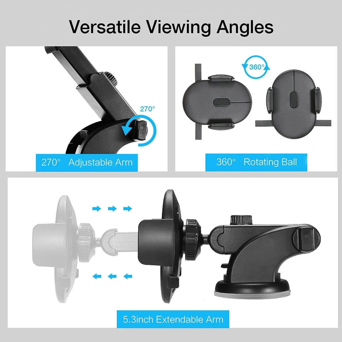 Black telescopic arm car phone holder with suction cup mount on a dashboard.