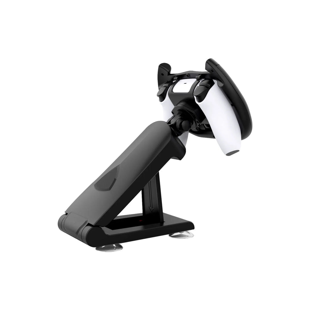 Black universal gamepad steering wheel bracket with suction cup for mounting a smartphone.