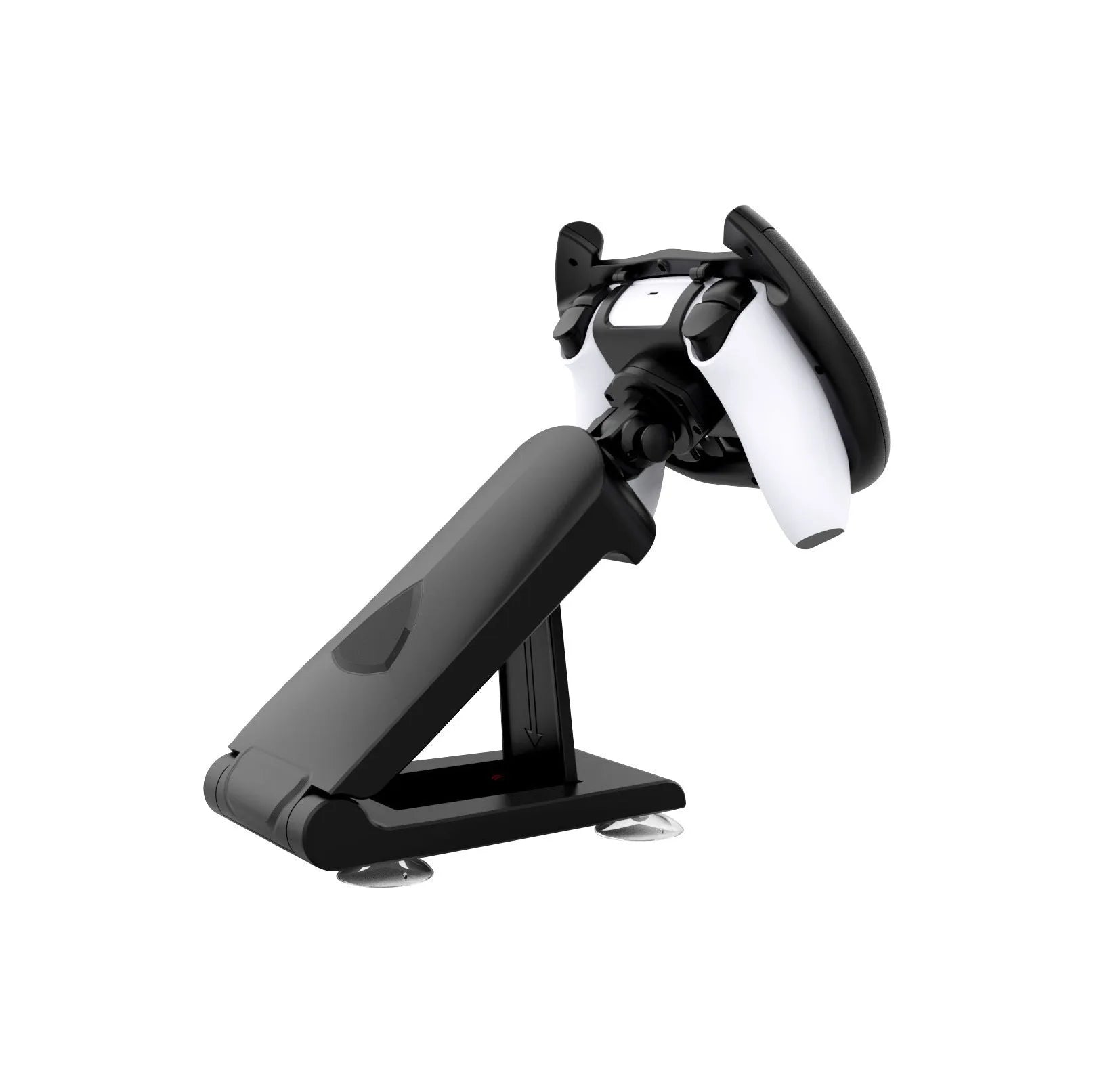 Black universal gamepad steering wheel bracket with suction cup for mounting a smartphone.