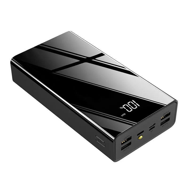 Large 40000mAh power bank with LCD display in red or black colour options.