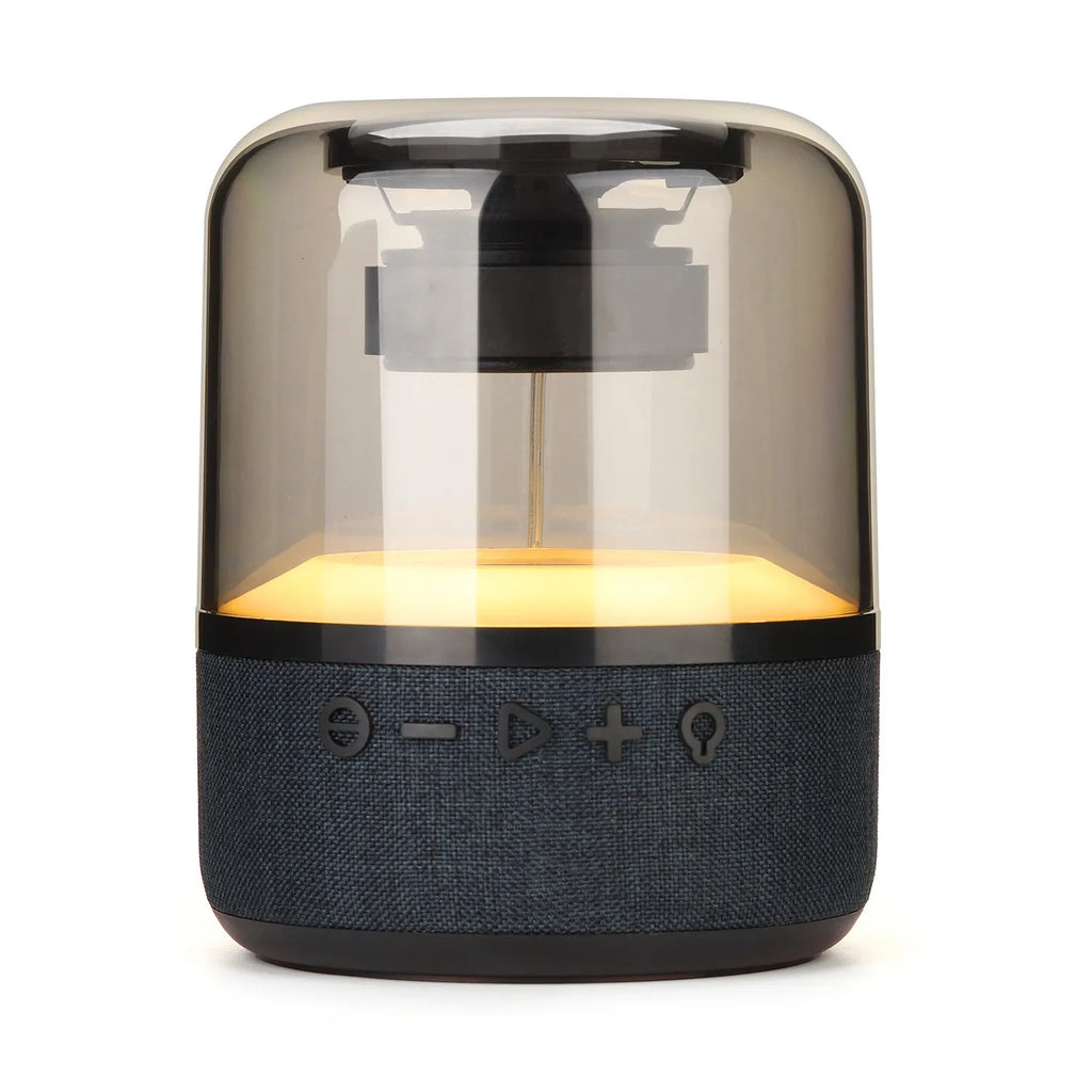 Black wireless Bluetooth speaker with colour-changing halo lights and control buttons