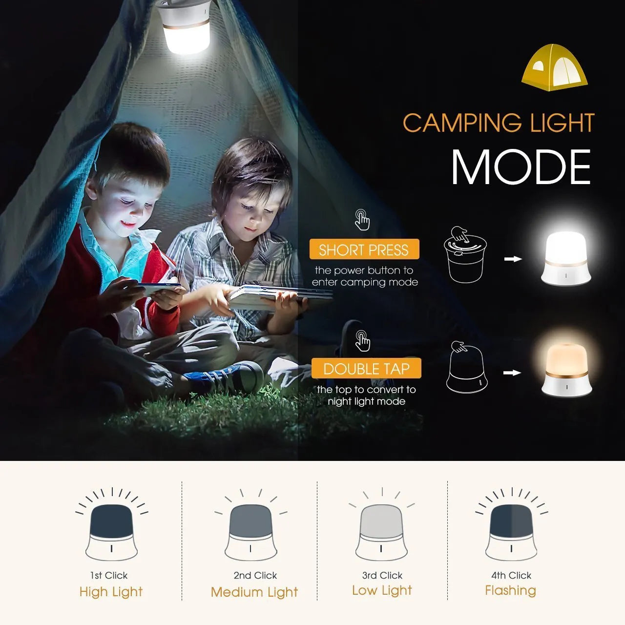 White touch-control bedside night light showing compact 93mm by 110mm design with dimmable LED.