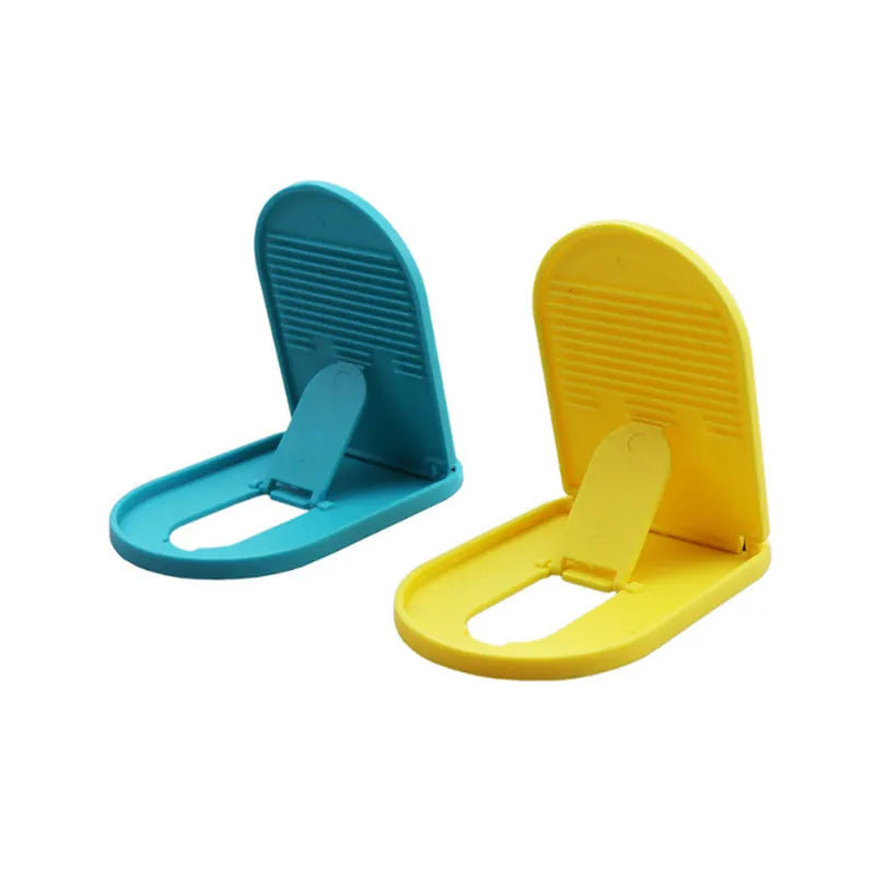 Plastic mobile phone stand bracket in six colour options showing adjustable angle design